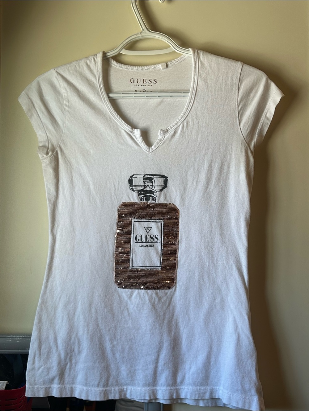 GUESS White Short Sleeve Tee with Brown Sequin Bottle Motif